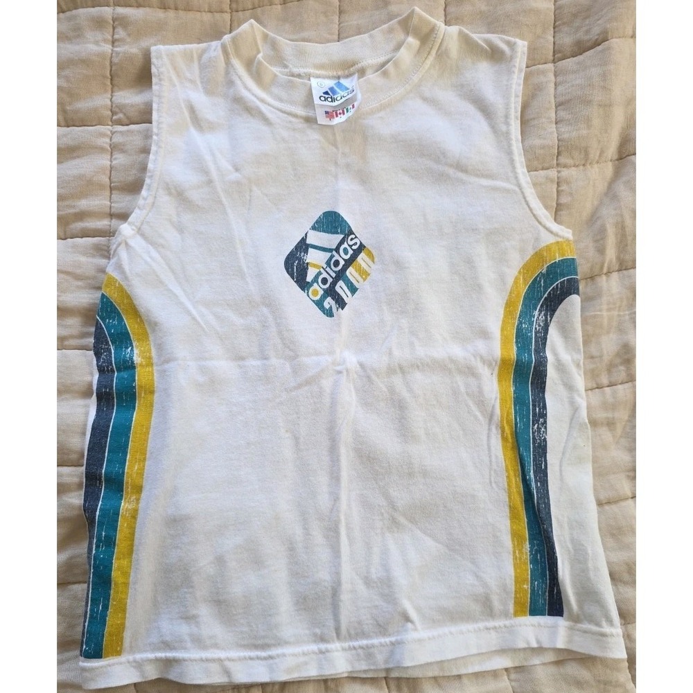 Vintage 90s Y2K Adidas Kids Small Spell Out Striped Cut‎ Off Sleeveless T-Shirt